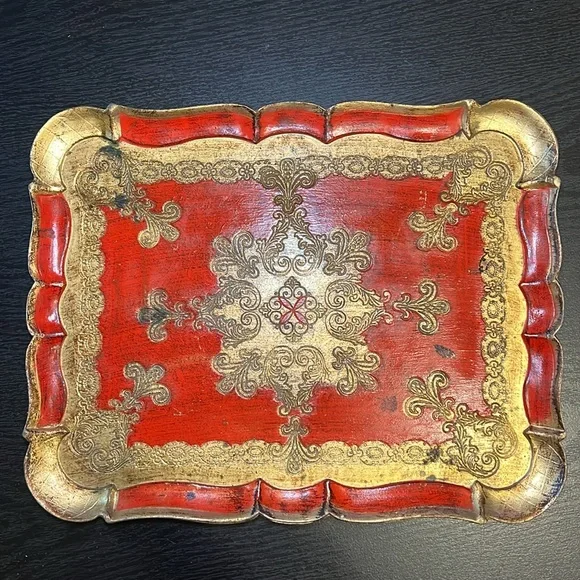 Vintage Italian Red Gold Gilded Wooden Florentine Rectangular Tray - Picture 13 of 13